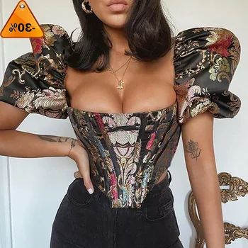 

Collar Boho Square Jacquard Boned Bustier Crop Tops Shirt Puff Sleeve Sexy Backless Shirts Blouse Women Zipper Shirts