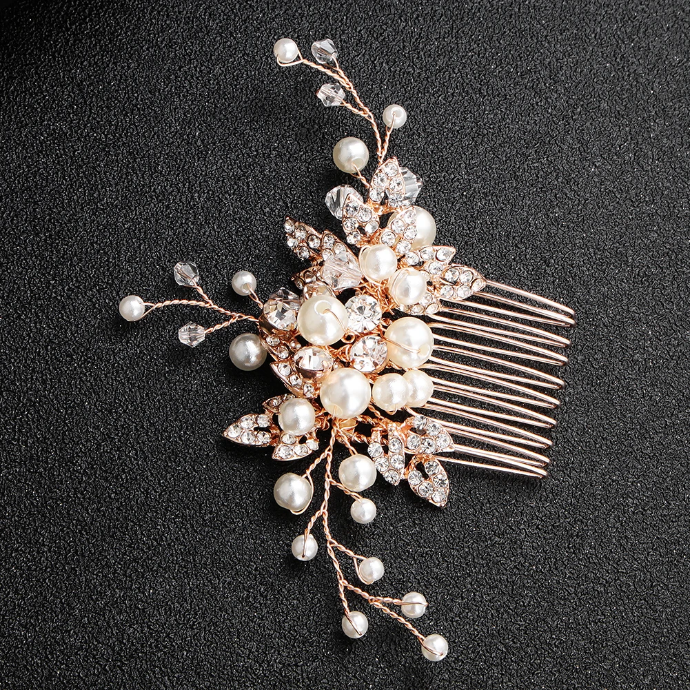 Simple Wedding Tiara Beautiful Handmade Pearl Crystal Alloy Hair Comb Rose Gold Bride Rhinestone Disk Hair Comb