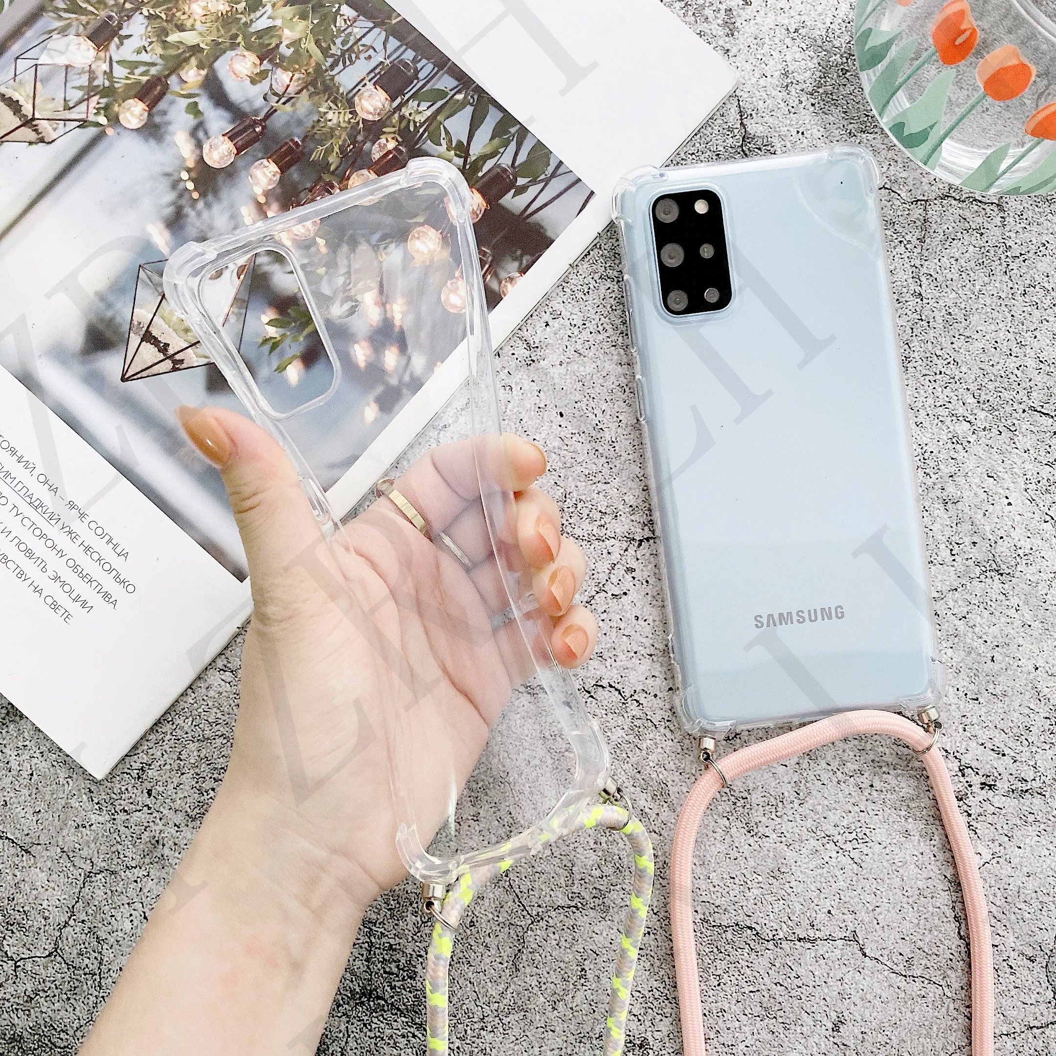 Custodia per telefono in TPU trasparente per Samsung Galaxy S23 S22 S21 S20 ultra A52 A54 A53 A33 con cordino per tracolla in corda_voghion.com
