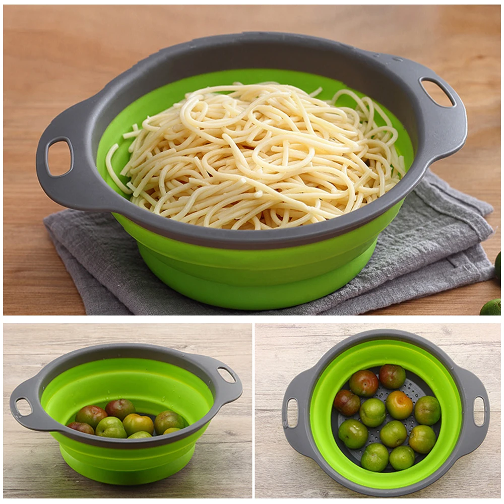 1Pc Foldable Silicone Colander Fruit Vegetable Washing Basket Strainer Collapsible Drainer With Handle Gadgets For Kitchen Tools