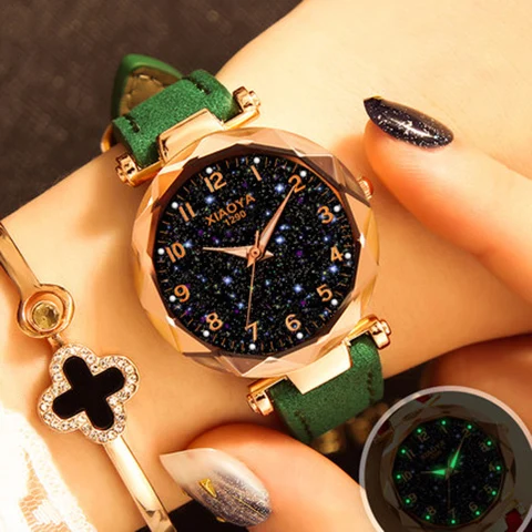 Модные женские часы лучшие продажи звезда небо циферблат часы Роскошные розовое золото Женские кварцевые наручные часы дропшиппинг - Цвет: green
