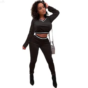 

Women Set Velvet Tracksuit V-neck Full Sleeve Crop Top Skinny Pants Sexy Two Piece Set Top And Pants 2 Piece Set Women Outfits