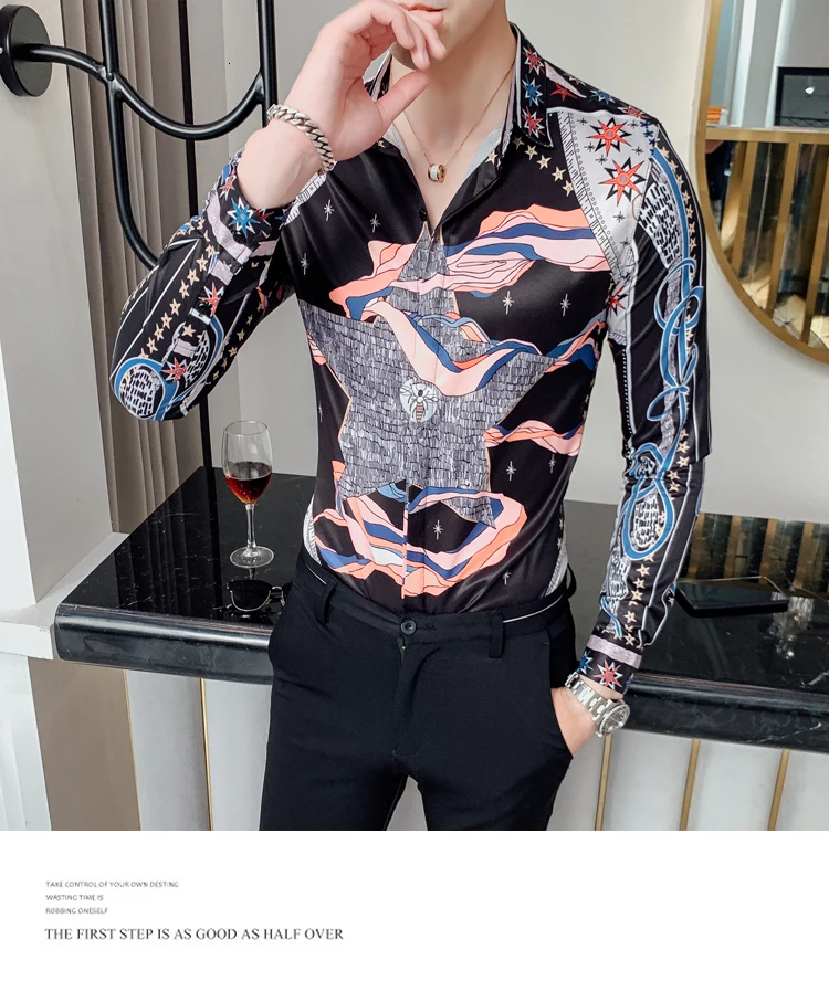 Уличная модный принт Для мужчин s Повседневная рубашка Slim Fit Для мужчин рубашка платье Вечерние смокинг Camiseta корейский Для мужчин одежда рубашка Для мужчин