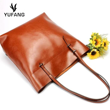 

YUFANG Women Handbag Genuine Leather Women Daily Bag Bucket Style Shoulder Bag Ladies Brand Casual Oil Wax Leather Shopping Bag