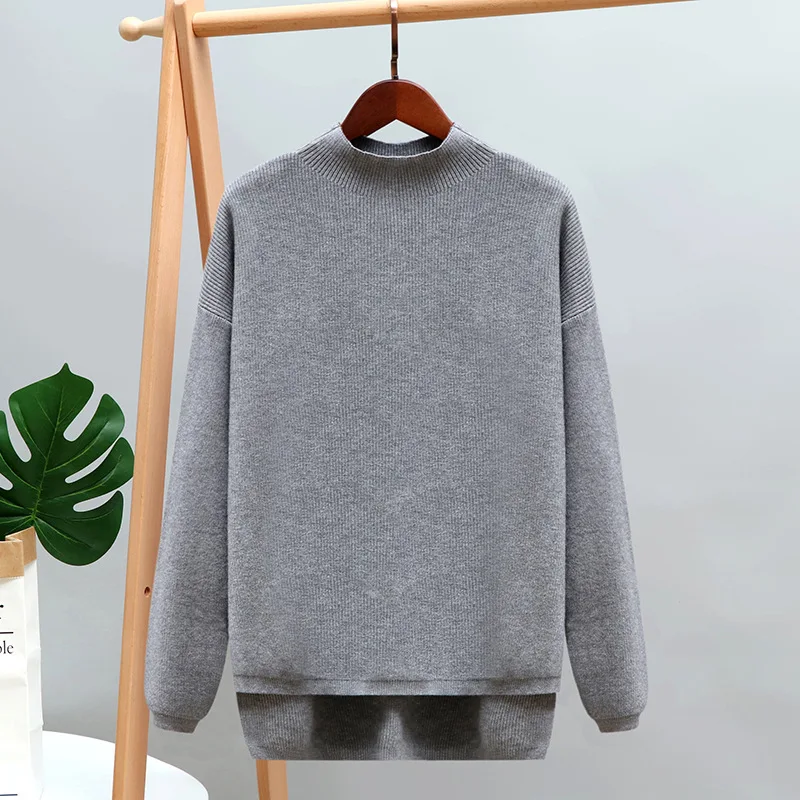 Gray HLBCBG осень зима негабаритных водолазка для женщин свитер высокая низкая ЛЕМ свободные трикотажные пуловеры Топы Pull Femme мягкий джемпер Джерси - Цвет: Gray