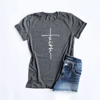 

2020 New Women's Cross Faith Letter Print Round Neck Cotton Short Sleeve T-Shirt white color
