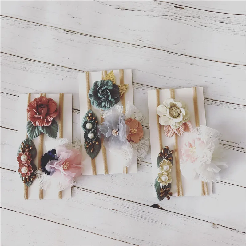 WARMOM 3PCS/Set Baby Elastic Hair Bands Baby Shower Headwear Photo Props Handcrafted Nylon Flower Headband Set For Children