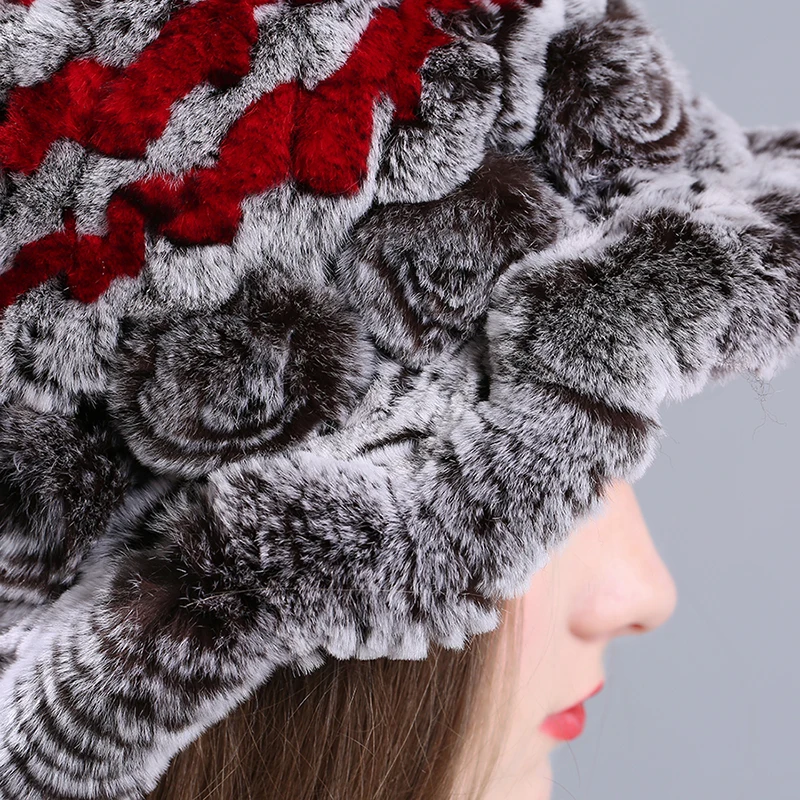Winter Women Real Fur Hats Fashion Ski Hat Ear Warmer Elastic Rabbit hair Cap Thick