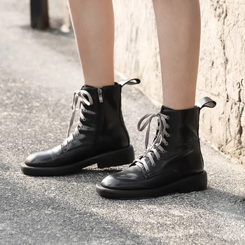 

Lace-Up Square Heel Female Boots genuine Leather Med Heel Short Boots Female Winter Ankle Boots Women Shoes Big Size 43