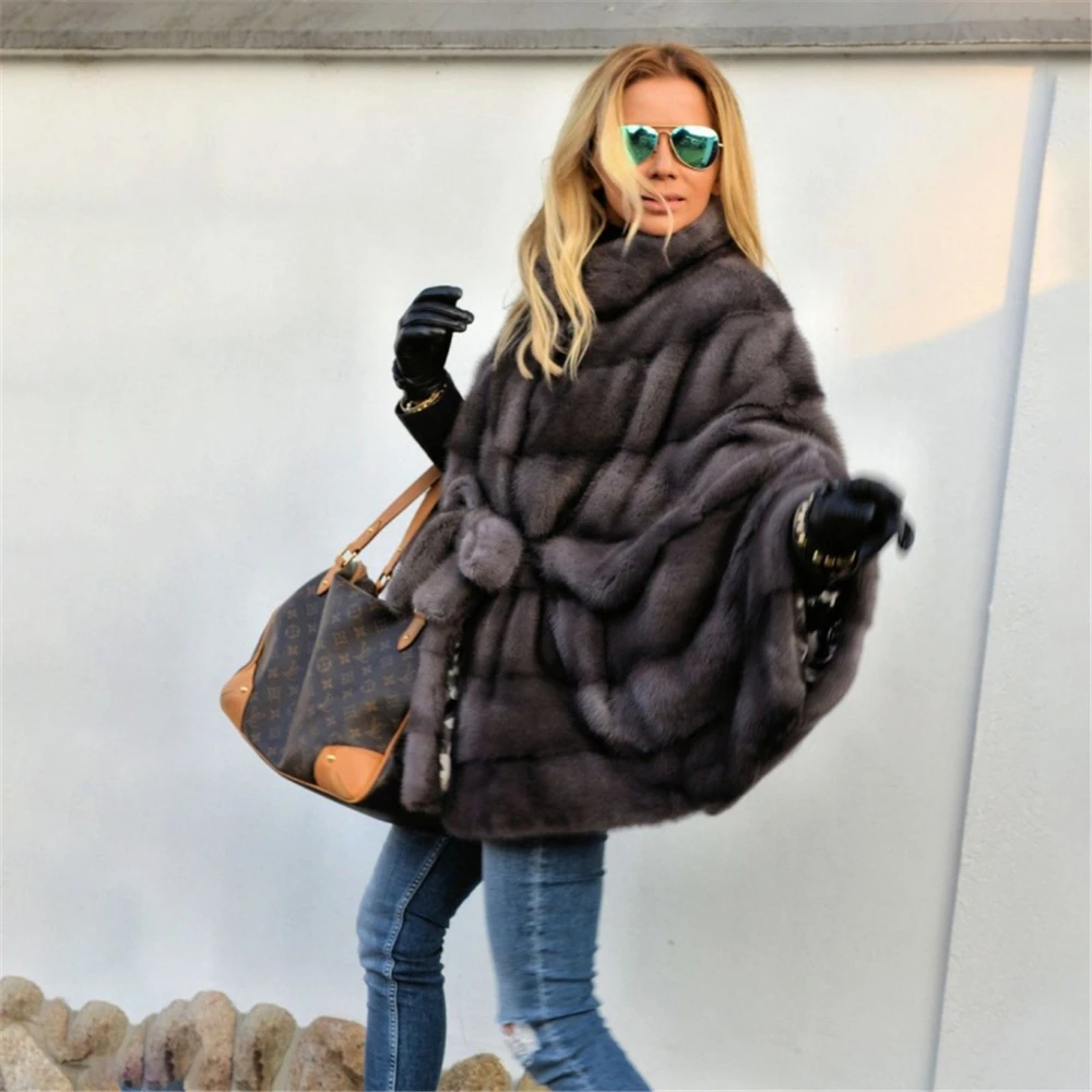 TOPFUR, модное новое зимнее пальто из натурального меха, женское темно-серое пальто из норки с воротником-стойкой, рукава летучая мышь, пальто большого размера