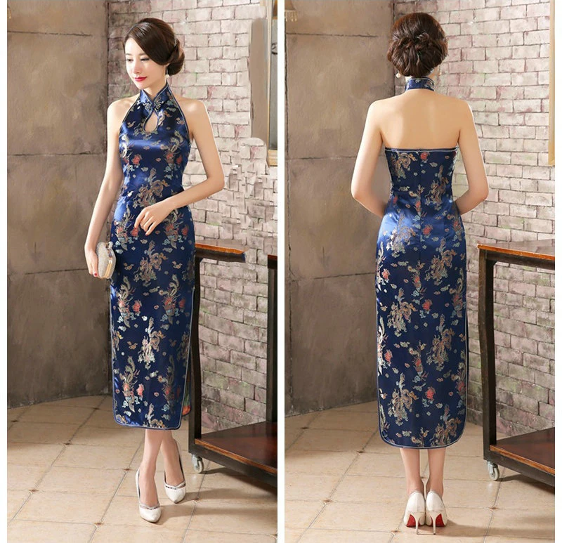 Черный, красный цветочный без спинки леди Qipao Сексуальная атласная Vestido винтажная Кнопка Cheongsam воротник мандарина Новинка сценическое шоу одежда