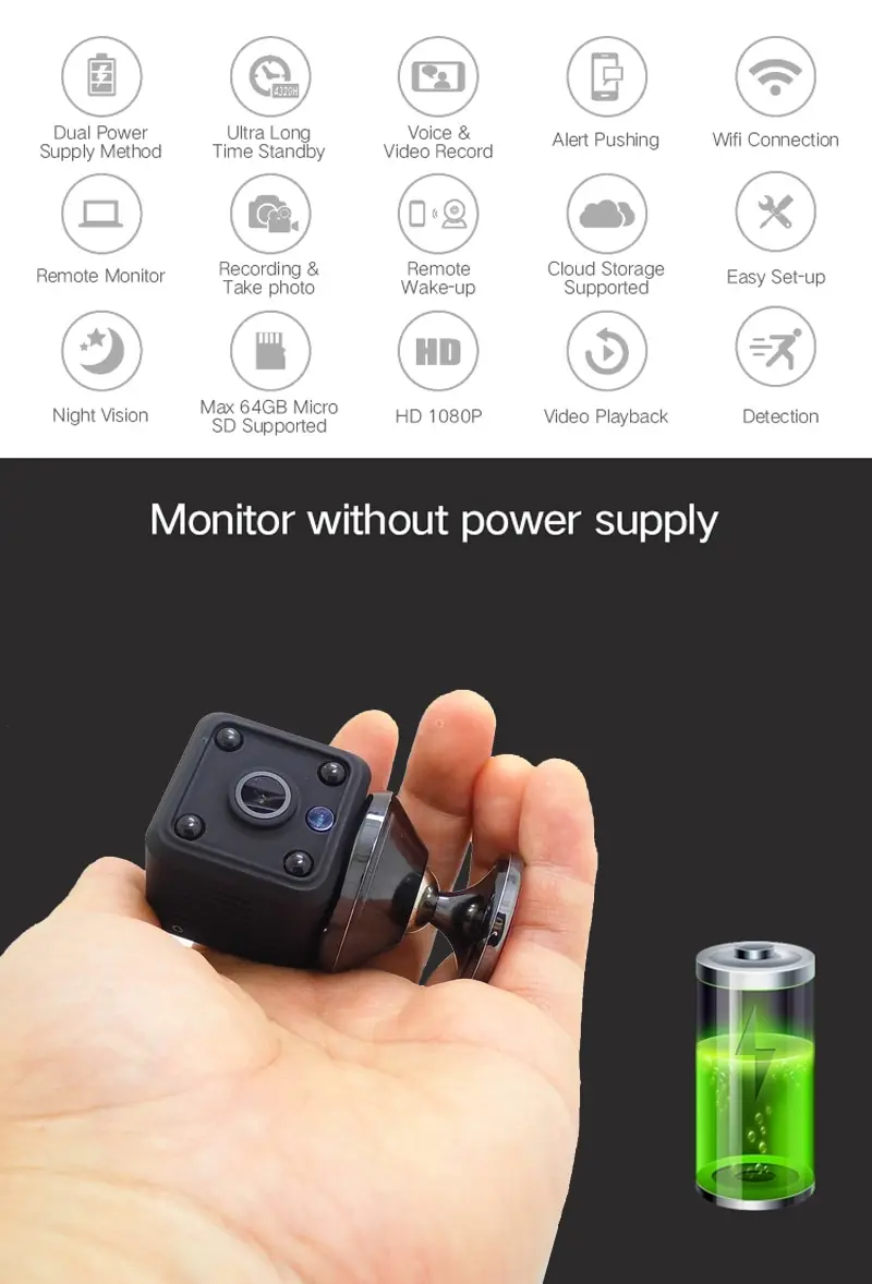 X6 Mini WiFi IP Camera HD 1080P Wireless Security Surveillance Micro Cam Night Vision Smart Home Sports Monitor Built-in Battery