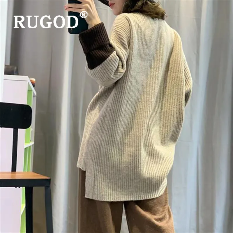 RUGOD свитер с высоким воротом, пуловер большого размера, джемпер с разрезом, Зимние Топы для женщин, вязаная одежда в полоску, корейский стиль, Simplee