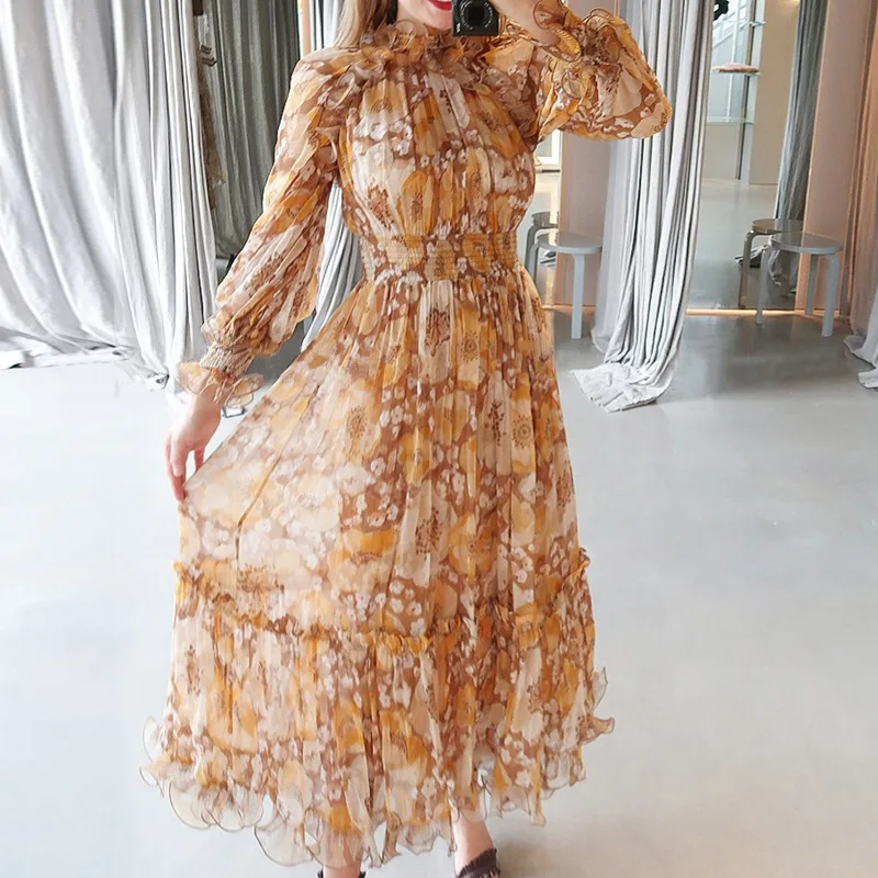 

Bohemian A-lien Floral Draped Latern Sleeve Autumn Empire Ruffles Long Dress Dresses for Women Plus Size Dress