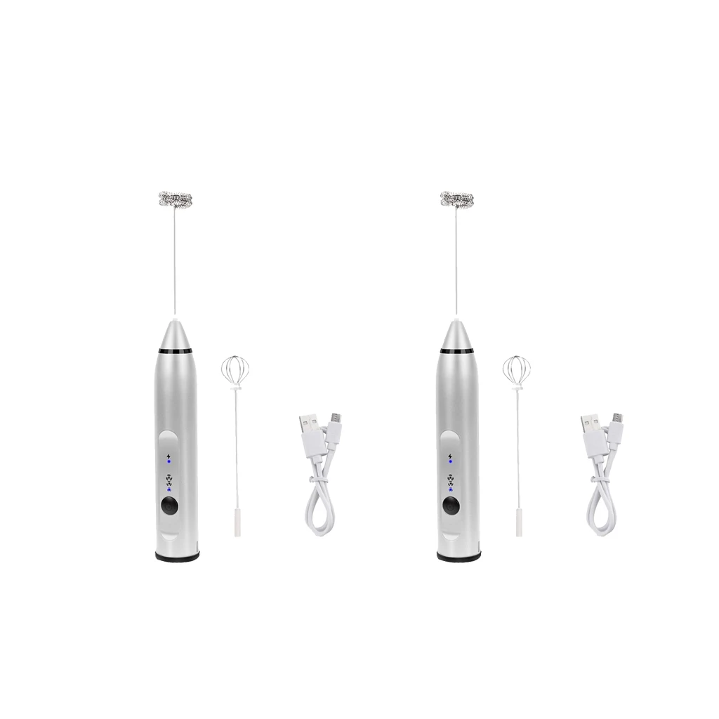 2Pcs Silver Handheld Electric Milk Frother &Eggbeater,Portable Drink Mixer 3 Speeds to Control Handheld Milk Frother