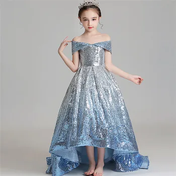 

Children Girls Fashion Shoulderless Collar Host Piano Costumes Sequined Long Tail Dress Kids Evening Party Birthday Dress Wear