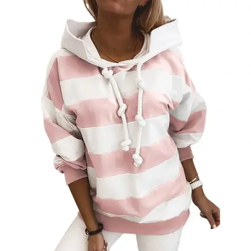 Women Casual Autumn Stripes Color Block Drawstring Hood Sweatshirt Hoodie Blouse Hand Wash with Hood Regular Polyester Spandex Pink