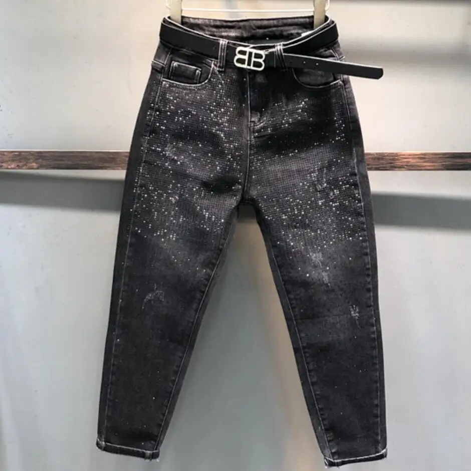 Kaufen Jeans Frauen Harem Perlen Diamant Boyfriend Jeans für Frauen Koreanische Frühling Herbst Schwarz Jean
