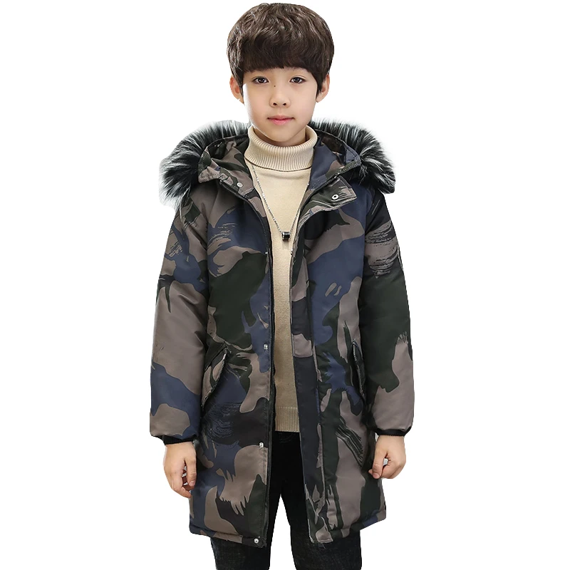 

Winter Boys Warm Jacket Kids Coat With Fur Hooded Boy Winter Thick Camouflage School Snow Keep Warm Christmas Sport Outerwear