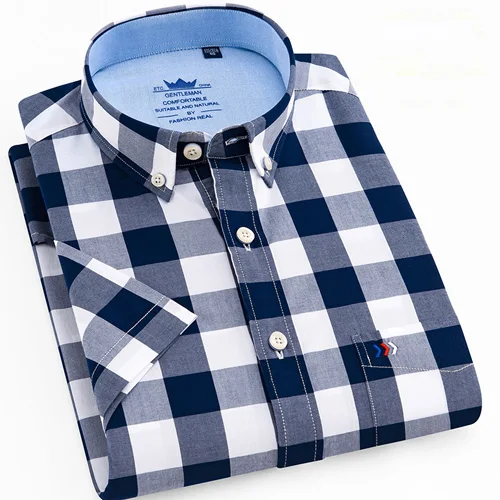 Мужская стандартная клетчатая рубашка с коротким рукавом с одним карманом, Повседневные Удобные хлопковые рубашки на пуговицах - Цвет: D201807-12