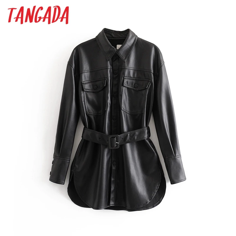 price cut  Tangada Women faux leather jacket coat with belt turn down collar Ladies Long Sleeve boyfriend styl