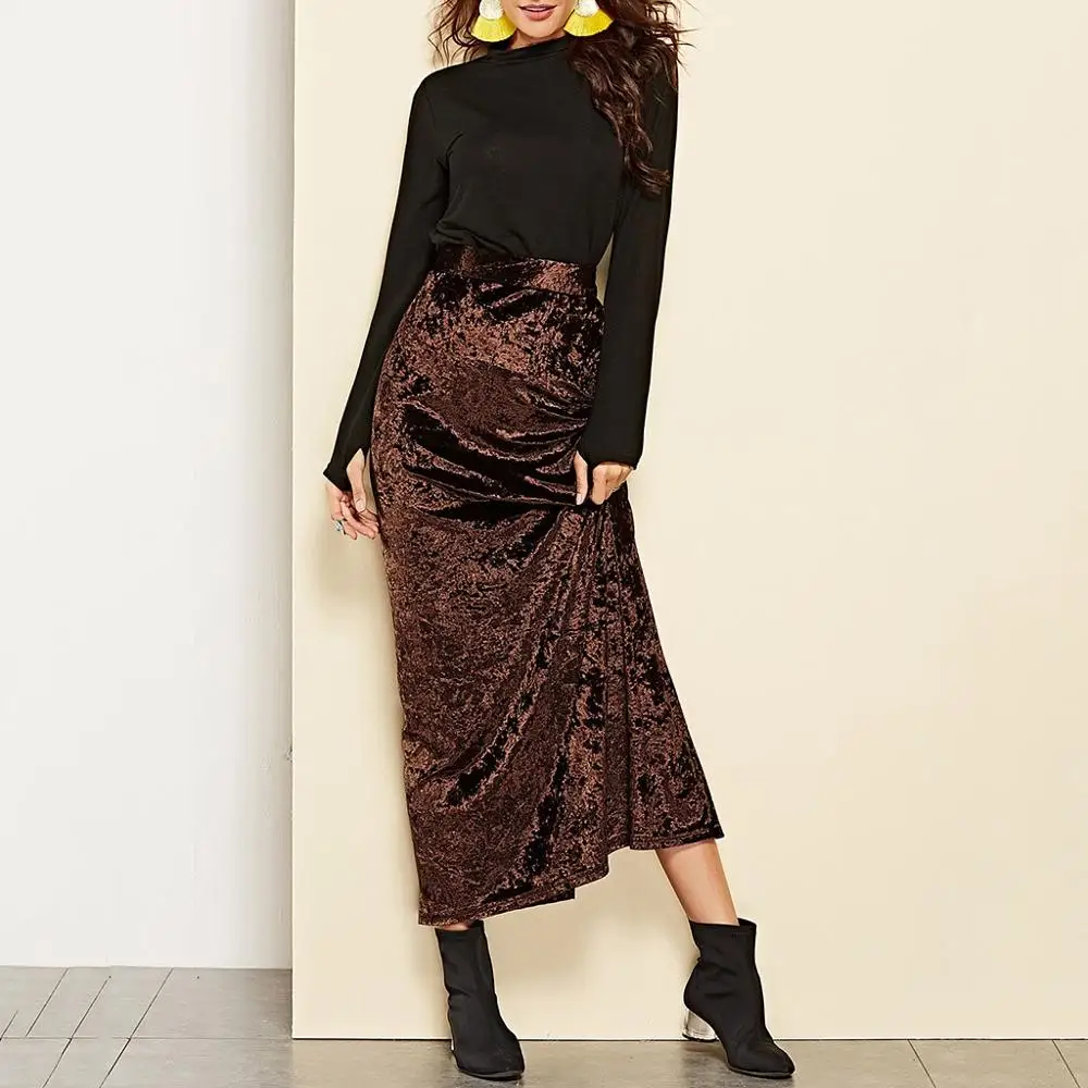 

Skirt Gold Velvet New Autumn Winter Women High Waist Elegant Long Metallic Maxi Pleated Midi Skirt Casual Small Split Skirt