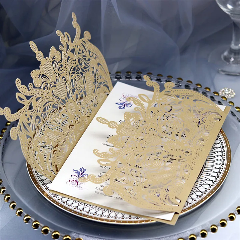  New 10pcs/Set Invitation Glitter Paper Laser Cut Wedding Invitation Card Personalized Wedding Flora - 4.00023E+12