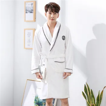 

Men Coral Fleece Nightwear Nightgown Flannel Kimono Bathrobe Gown Casual Sleepwear Homewear With Belt Soft Nightdress Home Dress