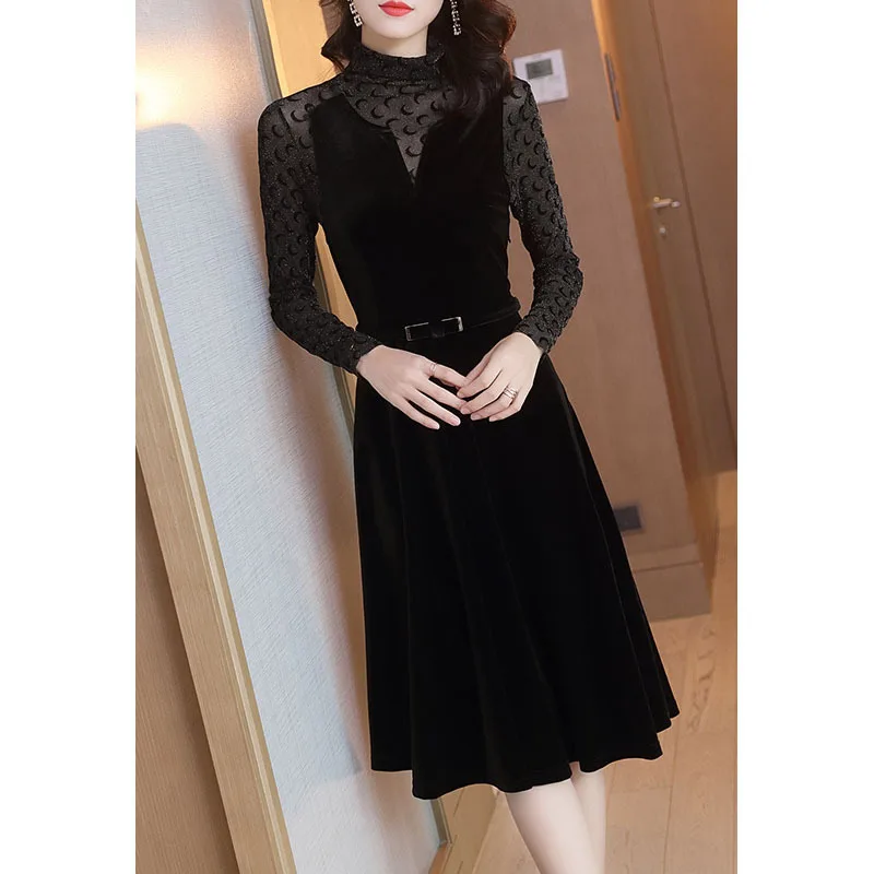 

Europe And America Black And White with Pattern Gold Velvet Dress Female Autumn New Style Waist Hugging Slimming Elegant French