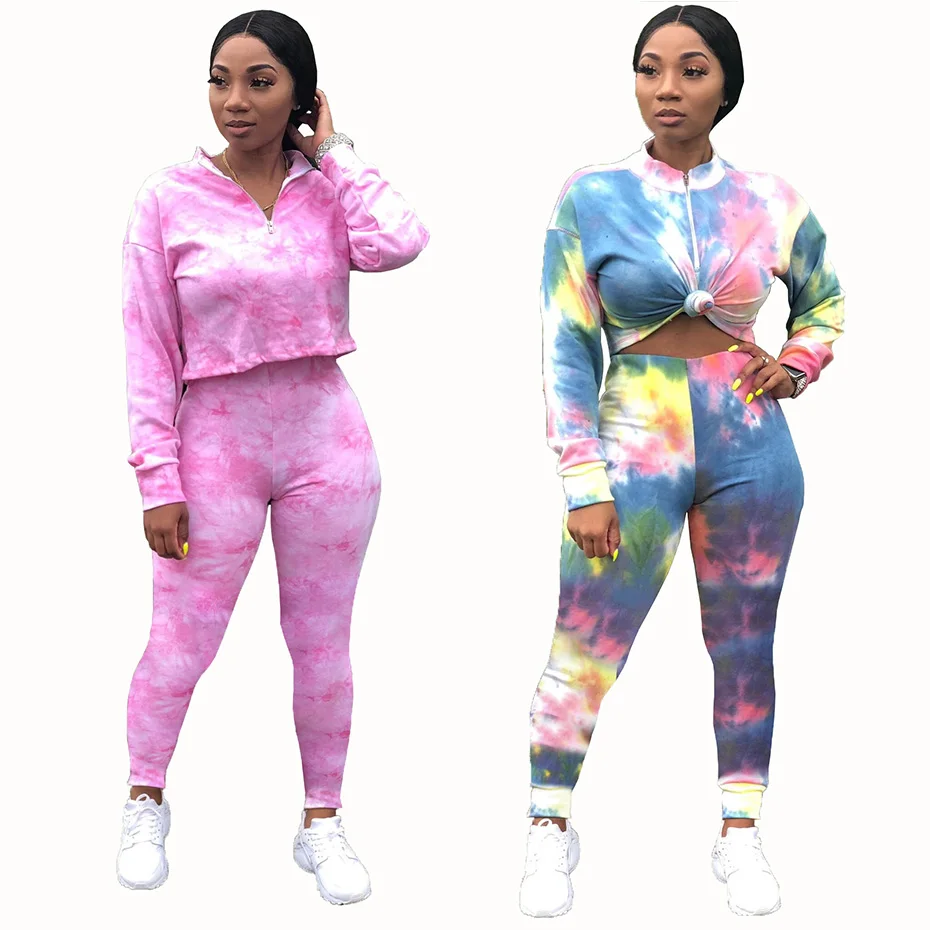 

HAOYUAN Tie Dye Two Piece Set Tracksuit Women Fall Clothes Long Sleeve Crop Top+Pant sweatsuit Pink 2 Piece Outfits Matching Set