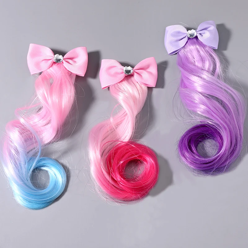 New Girls Cute Gradient Colorful Wigs Bow Princess Hair Holder Barrettes Headband Hair Clips Kids Fashion Hair Accessories