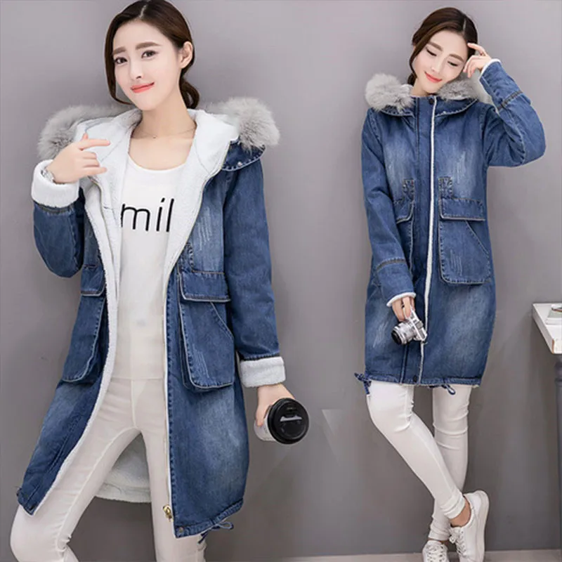 Зимняя женская джинсовая куртка новая Корейская свободная Длинная Верхняя одежда с капюшоном утолщенная теплая ВИНТАЖНАЯ ДЖИНСОВАЯ КУРТКА из овечьей шерсти Женская одежда размера плюс