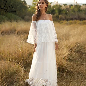 

Jessie Vinson Sexy Off Shoulder White Lace Long Maxi Dress Women Elegant Loose Beach Dress Summer Sundress Holiday Robe Femme