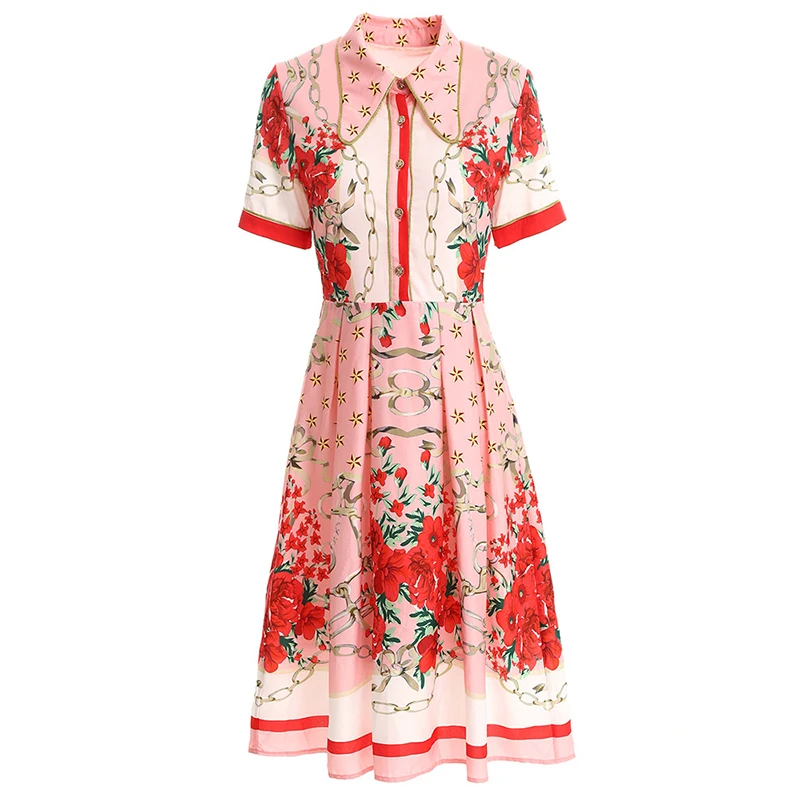 

PERHAPS U pink floral print turn dwon collar short sleeve empire knee length dress button a line shirt dress D1941