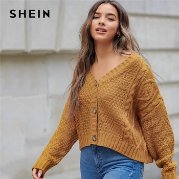 Женский кардиган с v-образным вырезом SHEIN, осенний кардиган с v-образным вырезом и пуговицами спереди и v-образным вырезом, повседневная верхн...
