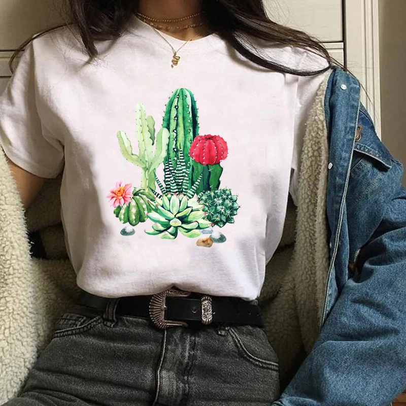 WomenLadyTeesPrintSweetFloralCactusStreetwearPlant90sTrend