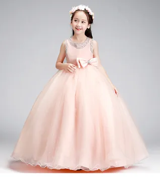 

Beads Bow Girls Dress Children First Communion Party Gown Elegant Princess Long Pink Tulle Baby Girls Wedding Ceremony Dresses