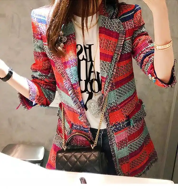 Корейский стиль, винтажный Красный Клетчатый твидовый Блейзер, Женское пальто на одной пуговице, костюм с кисточками, зимний Повседневный Блейзер, тонкая верхняя одежда