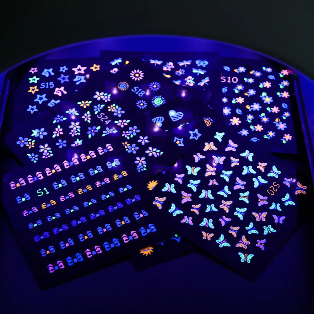 Lots Fluorescent Flowers Nail Stickers Party Butterfly Night Glow Star Decoration Manicure Applique Sliders For Nails Set Design
