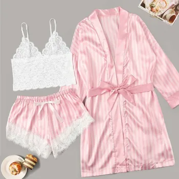 

sleeping set women Silk Pajamas Sexy Satin Lingerie Lace Shorts Set Women Underwear Sleepwear S-XL pijama mulher cetim#Y4