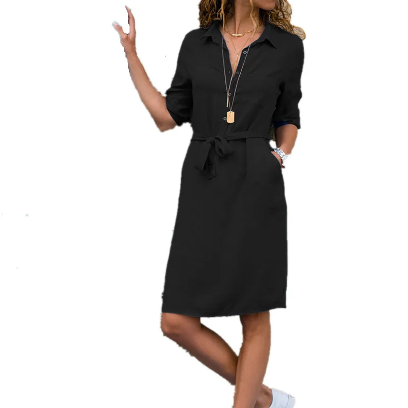 Черный Femmes Debut Automne Chemise Bouton Ceinture 3/4 Manches Dames dеcontract amply Robe - Цвет: Черный