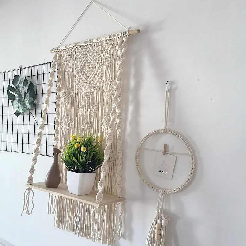 

Macrame Tapestry Wall with Plant Book Storage Hanging Wooden Shelf Tapestry Wall Hanging Living Room Home Bedroom Decoration