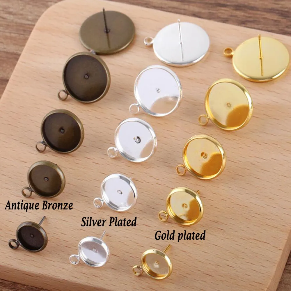 

500pcs earring post with loop 8mm 10mm 12mm 14mm 16mm bezel blank earring base jewelry cabochon settings findings accesories