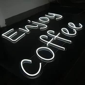 

Professional Hand writing Enjuy coffee white neon letters flexible neon strip with clear acrylic back panel for advertising