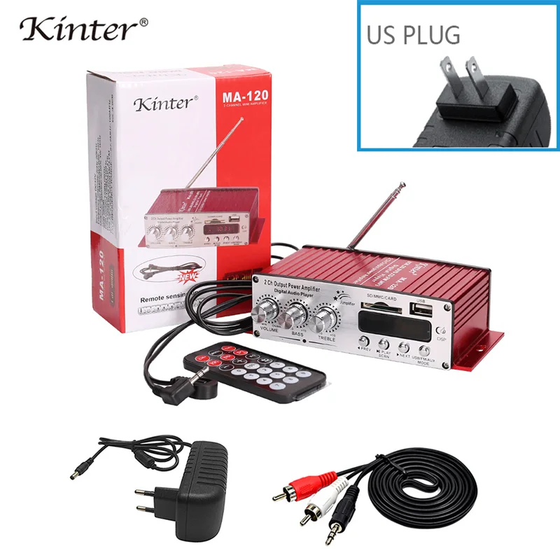 Kinter MA-120 мини усилитель аудио 2.0CH 20 Вт DC12V с USB SD FM воспроизведение стерео звук питания адаптер питания для дома автомобиля мотоцикла - Цвет: US Plug