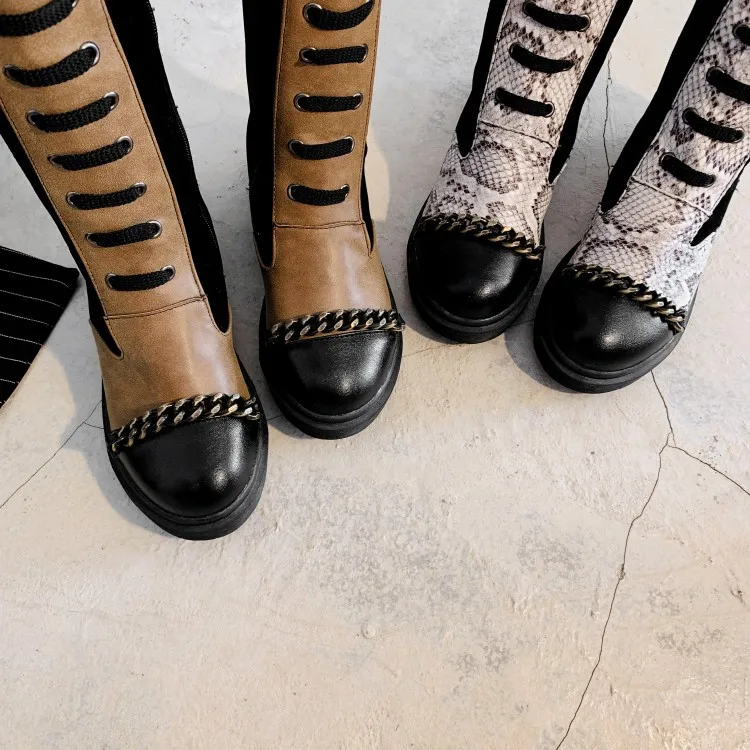 Большие размеры 35-43, женские сапоги до колена осенне-зимние сапоги со змеиным узором модная женская обувь на молнии в стиле панк