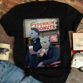 

Dukin' Donuts Jason Voorhees Michael Myers Halloween Funny Black T Shirt. Teenage Pop Top Tee Shirt