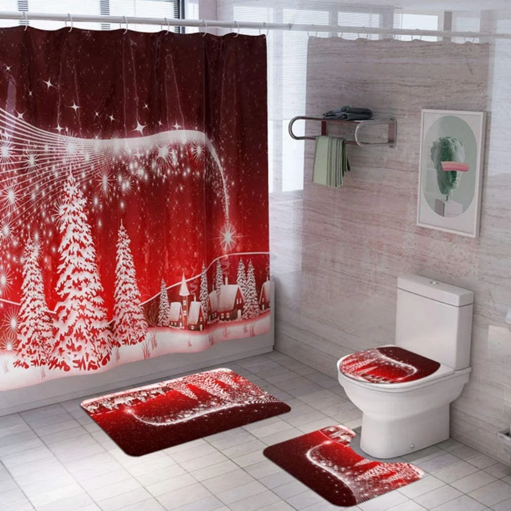 Juego de decoraciones navideñas el baño, cubierta de asiento de inodoro, alfombra, cortina de ducha, Papá Noel, alce, muñeco de decoración para el baño|Cortinas de ducha| - AliExpress