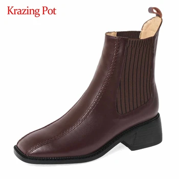 

Krazing pot Chelsea boots real leather knitting high quality square toe thick med heel slip on young lady mature ankle boots L03