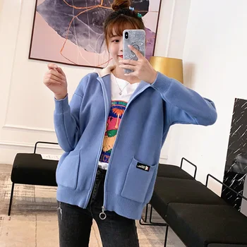 

2019 autumn and winter new loose zipper small fresh contrast color hooded knit cardigan Turn-down Collar Computer Knitted